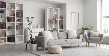 Kanepesi, koltuğu ve kitaplığı olan modern oturma odasının içinde.