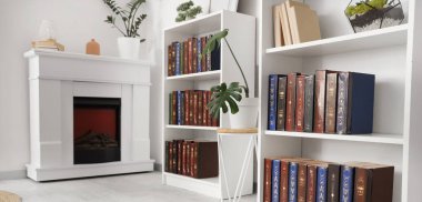 Kitaplıkları ve şöminesi olan aydınlık oturma odasının içinde.