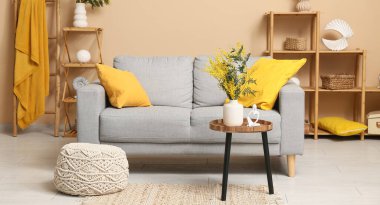 Gri kanepe ve vazolarda mimoza çiçekleri olan oturma odasının içinde.