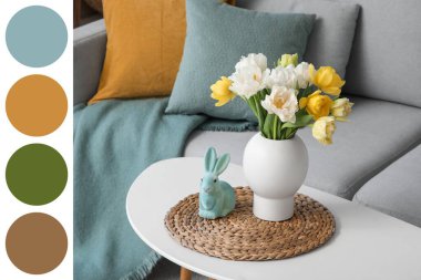 Salondaki masada laleli vazo ve Paskalya tavşanı. Farklı renk desenleri