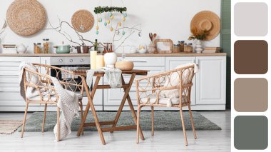 Paskalya için yemek masasıyla dekore edilmiş mutfağın içi. Farklı renk desenleri