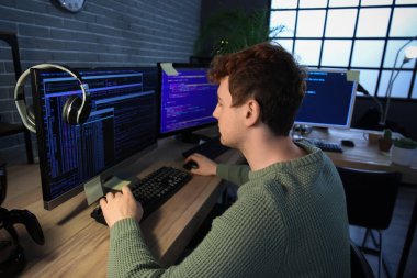 Erkek programcı geceleri ofiste bilgisayarla çalışıyor.