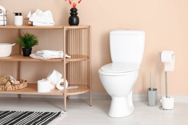 Modern tuvaletin içinde seramik klozet ve farklı banyo malzemeleri var.