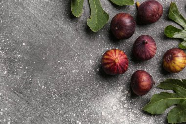 Gri arka planda taze incir ve yapraklar