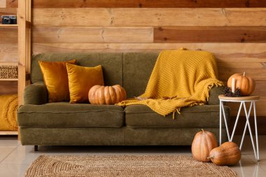 Yeşil kanepeli ve balkabaklı rahat bir oturma odası.