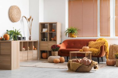 İçinde kahverengi kanepe, ahşap mobilya ve balkabağı olan rahat bir oturma odası.