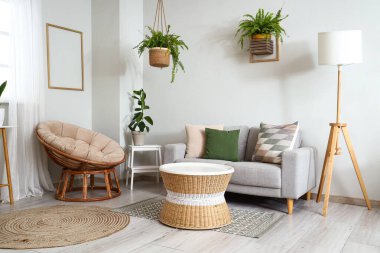 Interior of living room with green plants, sofa and armchair