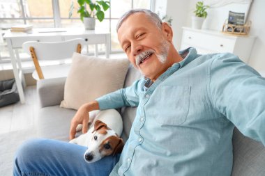 Yakışıklı Jack Russell Terrier 'lı olgun bir adam evde selfie çekiyor, yakın plan.