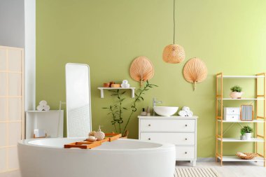 Yeşil duvarın yanındaki banyonun iç kısmı çok şık.