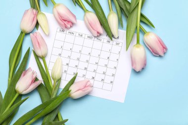 Takvim ve laleler açık mavi arkaplanda. Uluslararası Kadınlar Günü kutlamaları