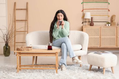 Güzel genç bayan evdeki kanepede sıcak çay içiyor.