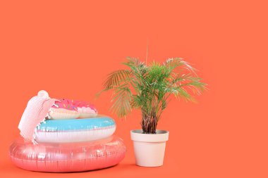 Kırmızı arka planda havlusu ve bitkisi olan şişme halkalar.