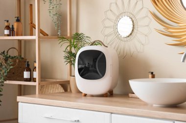 Küçük kozmetik buzdolabı, lavabo ve ev bitkisi.