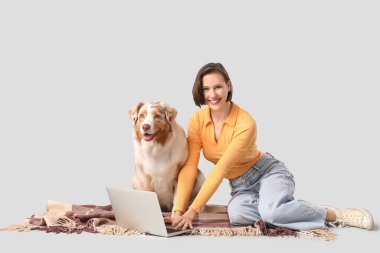 Şirin Avustralyalı çoban köpeği ve dizüstü bilgisayarı olan genç ve güzel bir kadın gri arka planda ekose battaniyede oturuyor.