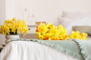 Yataktaki güzel nergisler, yakın plan