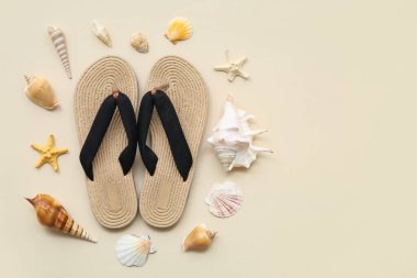 Renkli arka planda şık parmak arası terlikleri ve farklı deniz kabukları olan kompozisyon