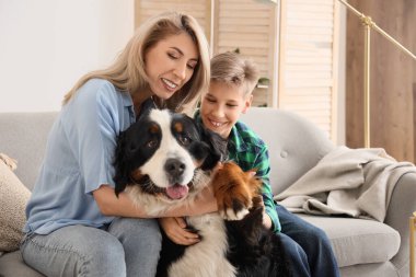 Little boy and his mother with Bernese mountain dog sitting on sofa at home