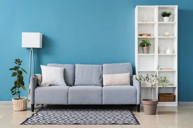Rahat bir kanepe, ev bitkisi ve mavi duvarın yanındaki raf ünitesi.
