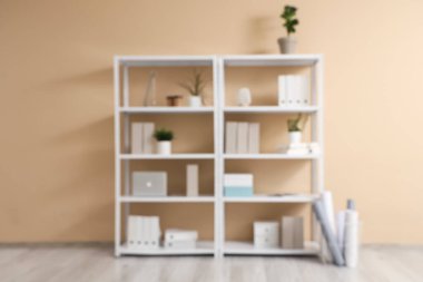 Ofis klasörleri ve oturma odasındaki bej duvarın yanında çiçekleri olan raf ünitesi.