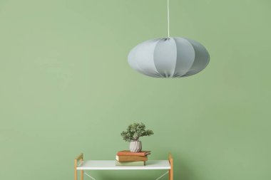 Asılan lamba ve raf ünitesi yeşil duvarın yanında. Yakın çekim.
