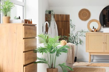 Banyonun içinde küvet, çekmece ve palmiye ağaçları var.