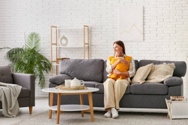 Oturma odasındaki kanepede oturan küçük bebeği olan genç bir anne.