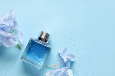 Mavi arka planda bir şişe parfüm ve ortanca çiçeği.