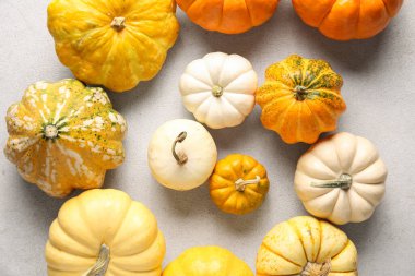 Beyaz arkaplanda bir sürü taze bal kabağı