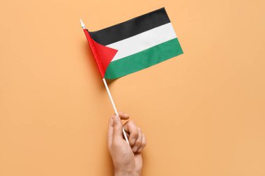 Bej arka planda Filistin bayrağı taşıyan bir erkek el.