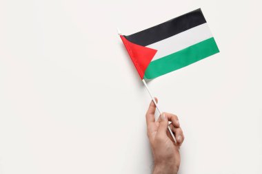 Beyaz arka planda Filistin bayrağı taşıyan erkek el.