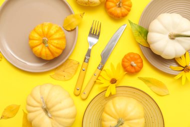 Taze balkabaklarıyla, çiçekleriyle ve sarı arka planda sonbahar yapraklarıyla güzel bir masa.