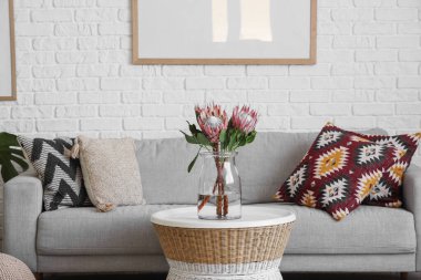 Oturma odasındaki masada protea çiçekleri olan vazo.