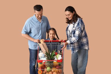 Bej arka planda alışveriş arabası olan mutlu bir aile.
