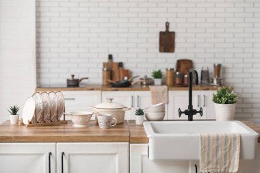 Lavabo, ev bitkileri ve mutfak tezgahının içindeki farklı aletler.