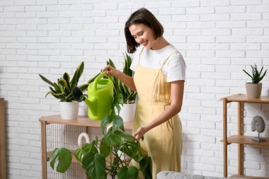 Gülümseyen genç kadın evdeki çiçekleri suluyor.