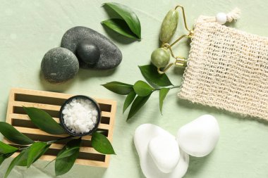 Yüz masajı aletleri, spa taşları, deniz tuzu ve bitki dalları ile renk arkaplanı bileşimi