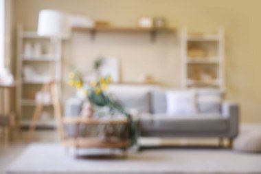 İçinde limon ağacı dalları olan bir sehpa vazo ve oturma odasının içindeki kanepe. Bulanık görünüm