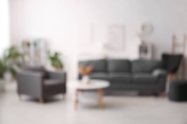 Oturma odasının iç tarafında rahat bir kanepe, koltuk ve sehpa. Bulanık görünüm