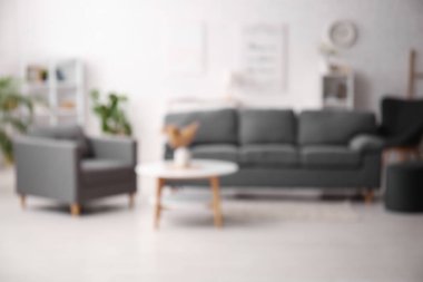 Oturma odasının iç tarafında rahat bir kanepe, koltuk ve sehpa. Bulanık görünüm