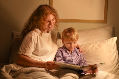 Anne ve küçük oğlu evde masal okuyorlar.