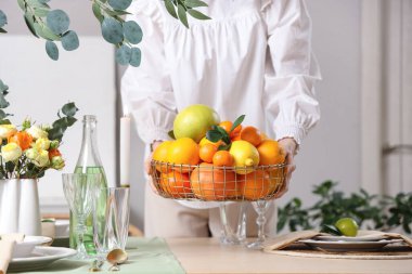 Oturma odasındaki sepetinde turunçgil meyveleriyle servis yapan genç bir kadın. Yakın çekim.