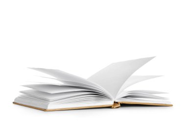 Beyaz arka plan üzerinde uçan açık kitap