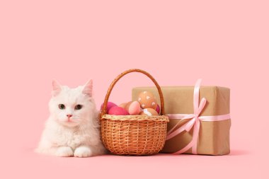 Paskalya yumurtası sepeti ve pembe arka planda hediye kutusu olan şirin beyaz kedi.