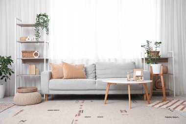 Gri kanepe, raf ünitesi ve oturma odasının iç tarafındaki pencerenin yanındaki saksılar.