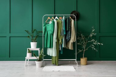 Butikte yeşil duvarın yanında bitkiler olan elbise askısı ve tabure.