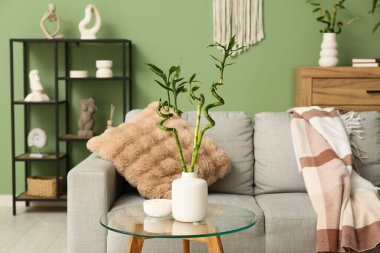 Masada bambu saplı vazo ve oturma odasının içindeki şık kanepe.