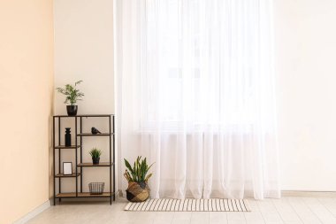 Odada ışık perdesine yakın bitkileri olan raf ünitesi.