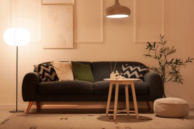 Konforlu kanepesi, sehpası ve parlak lambaları olan modern bir oturma odası.