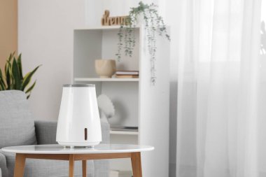 Oturma odasındaki masada hava nemlendirici var, yakın plan.