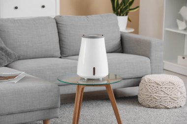 Oturma odasındaki masada hava nemlendirici var.